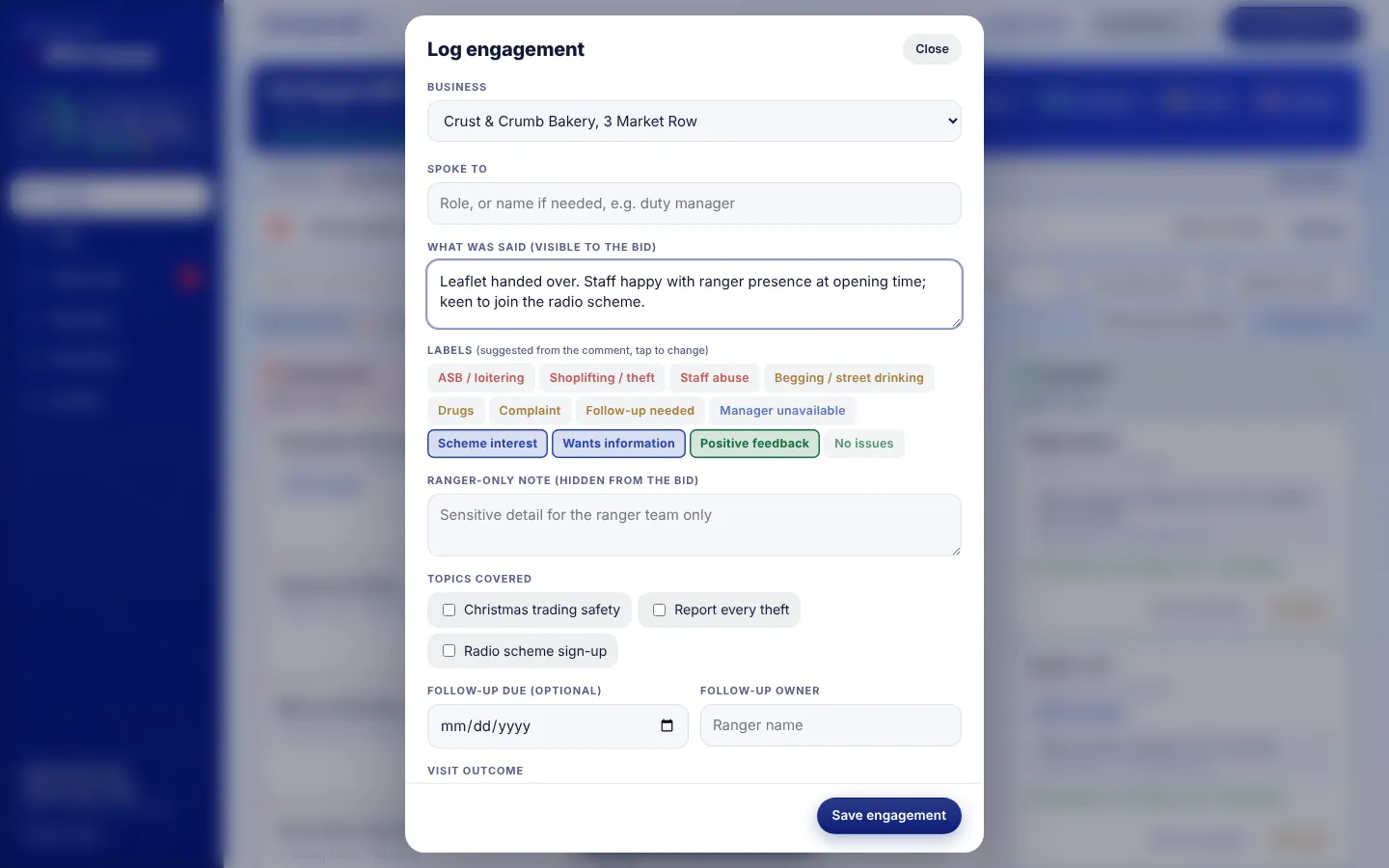 Log engagement dialog on desktop showing labels, campaign checklist and the 'At the premises: 15 m away' location stamp