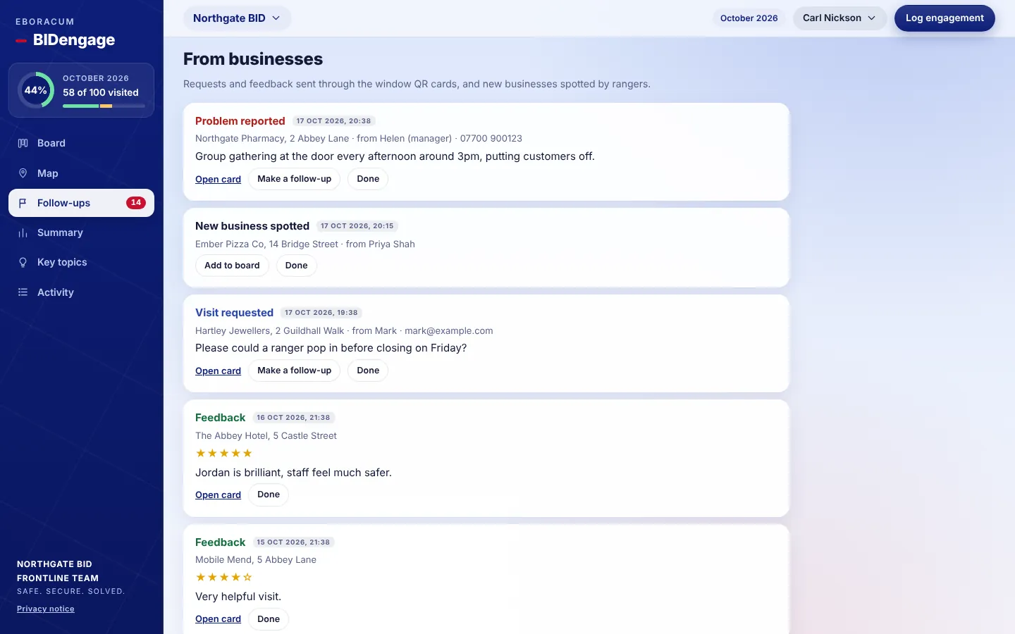 Messages from businesses: a problem reported, a new business spotted, a visit request and five-star feedback