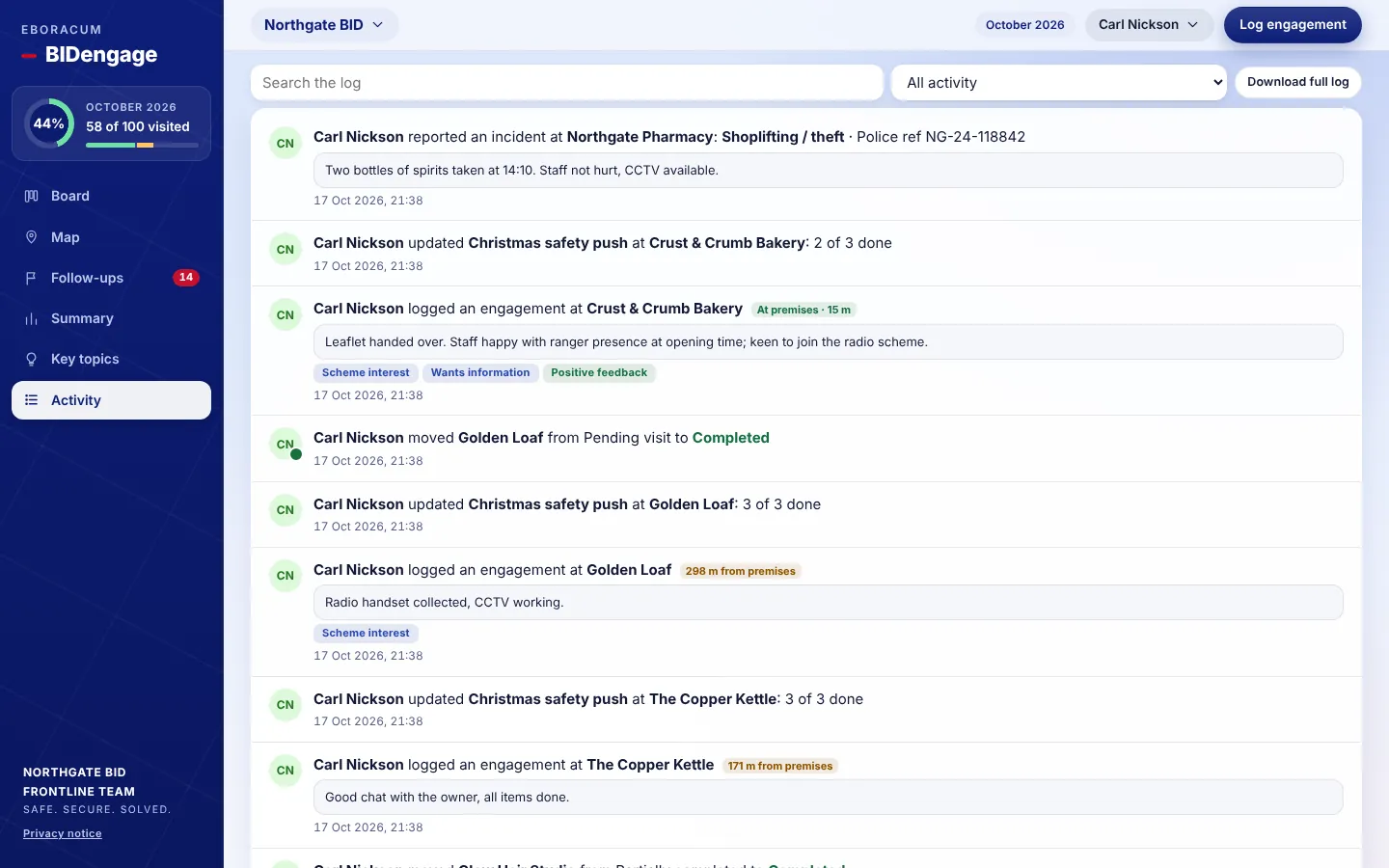 Activity log with incidents, campaign updates and location-stamped engagements