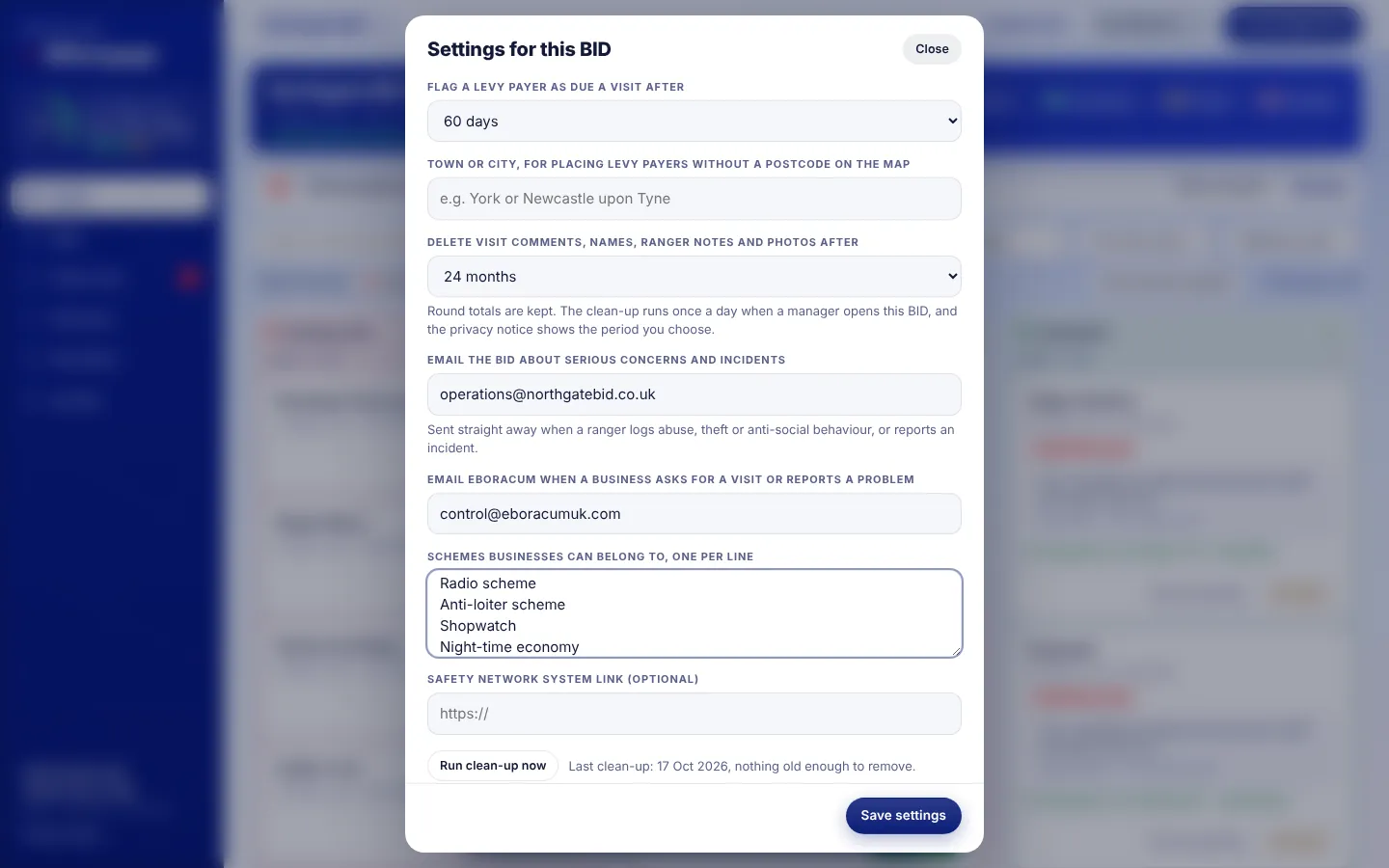 Settings: visit interval, town for map placement, retention period, alert emails and schemes
