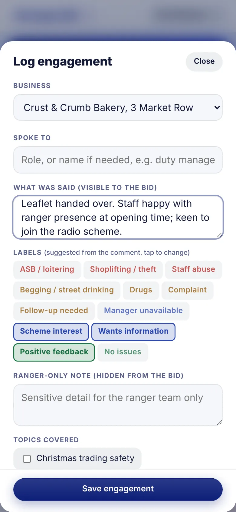 Log engagement form on a phone