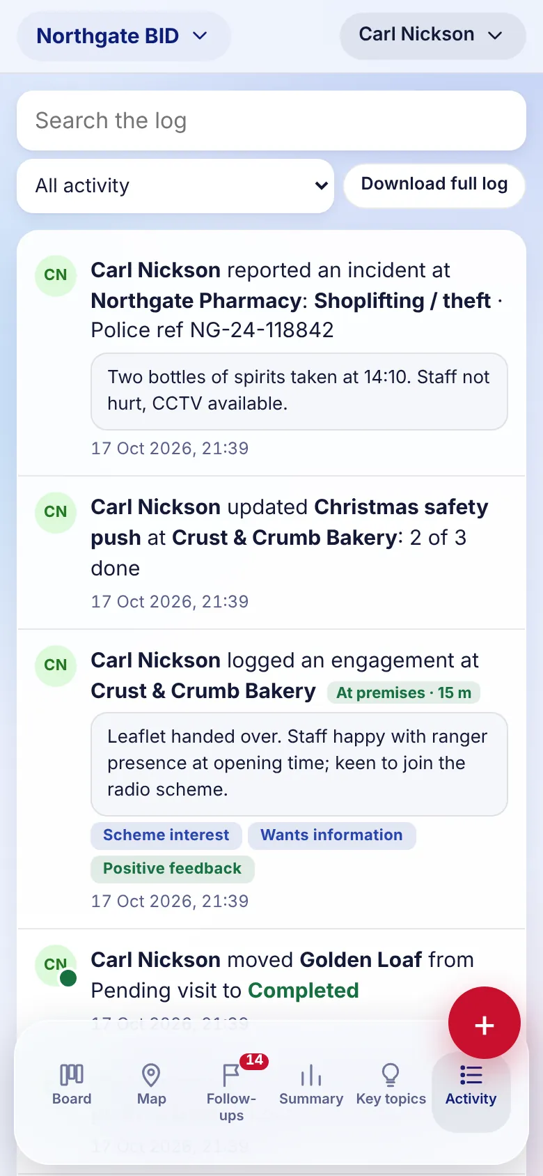 Activity log on a phone