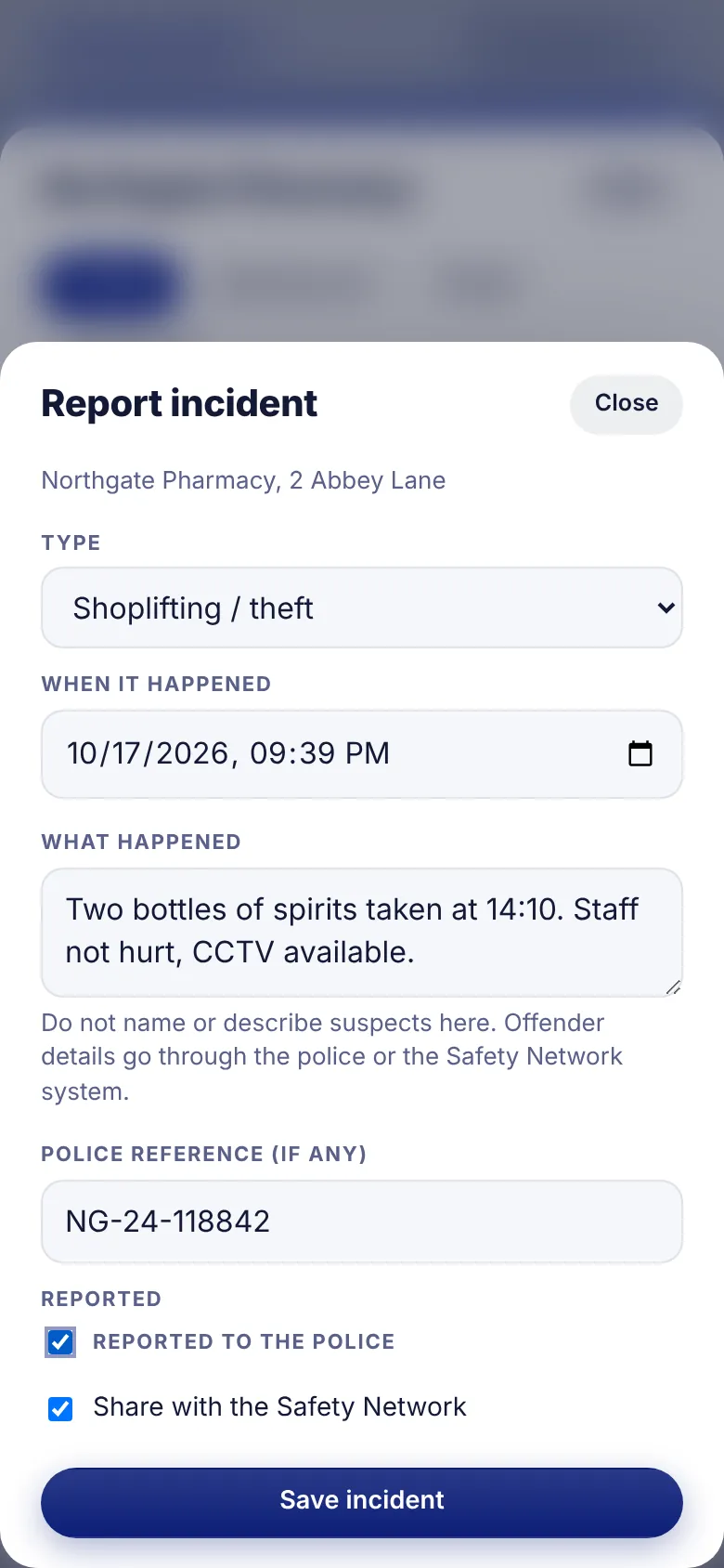 Report incident form on a phone