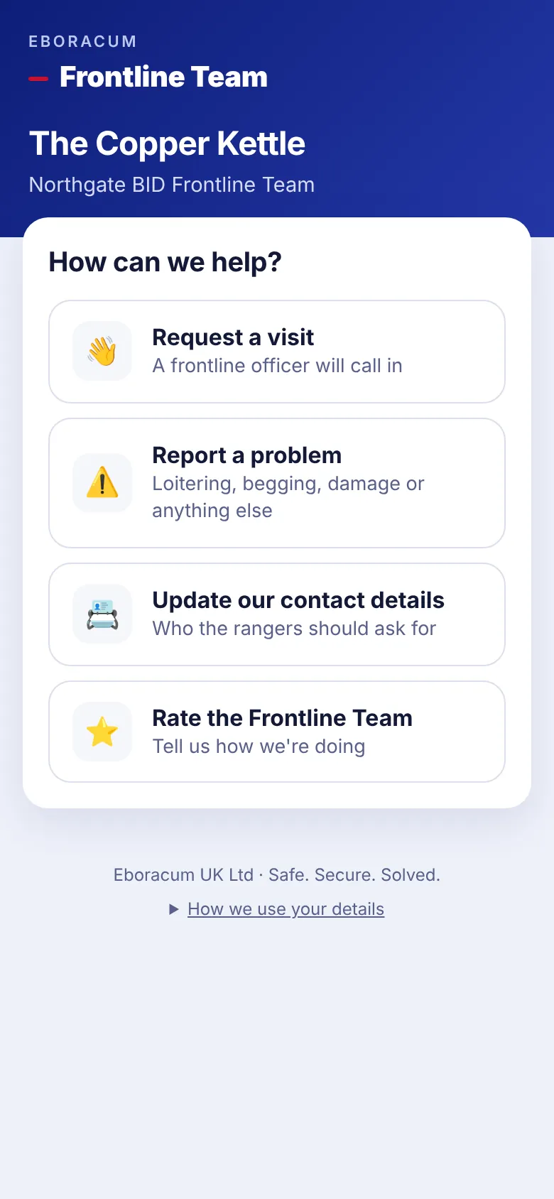 QR page offering: request a visit, report a problem, update contact details, rate the team
